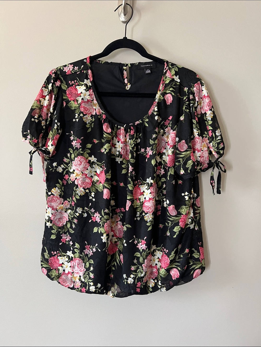 Floral Scoop Neck Black Blouse with Tie Sleeves